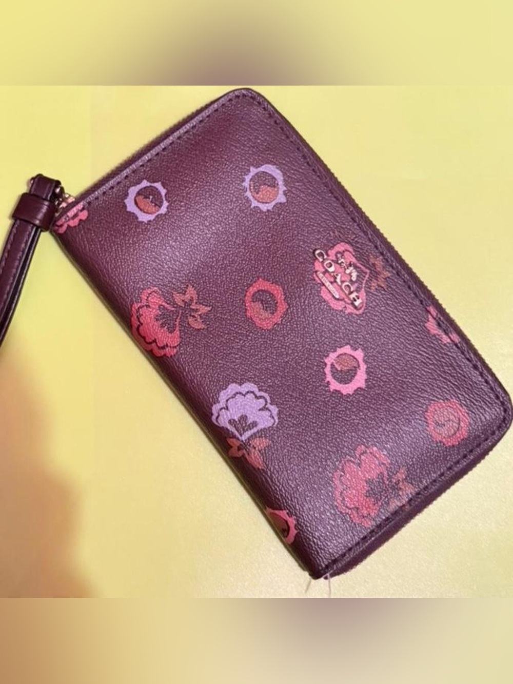 Coach Floral Zip Wallet in Plum and Pink Accents